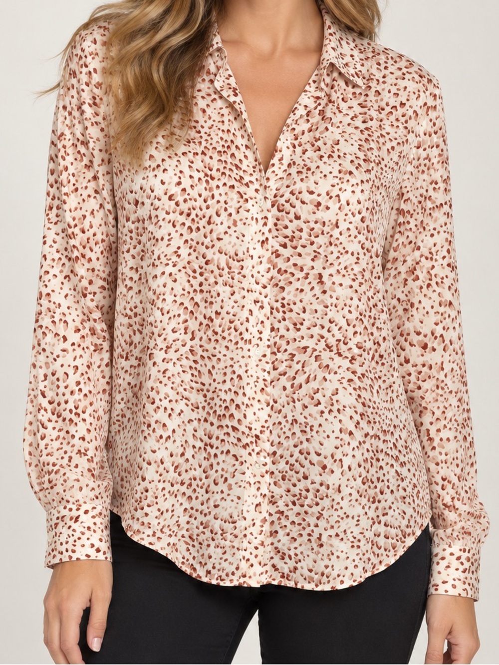 Maurices Cream Button-Down Shirt with Rust Spot Print